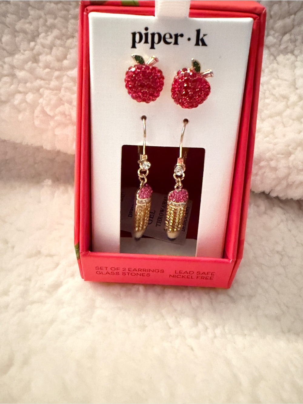 Piper K Red Apple and Pencil Earring Set